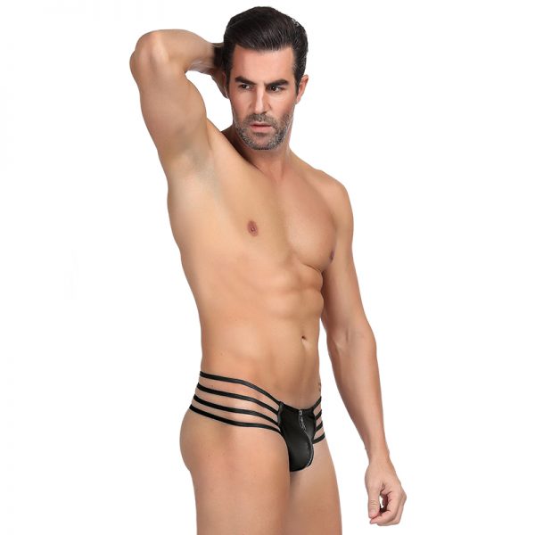 Men's Synthetic Leather Sexy Zipper Black Panties - Image 2