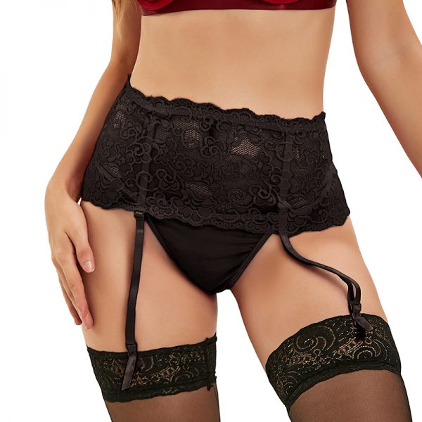 Black Sexy Floral Lace Garter Panty - Image 2