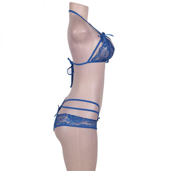 Blue Halter Strappy Lace Bra Set - Image 2