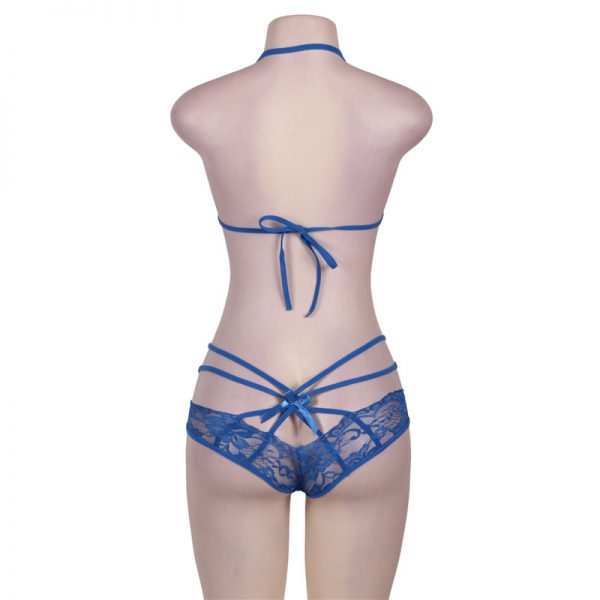 Blue Halter Strappy Lace Bra Set - Image 3