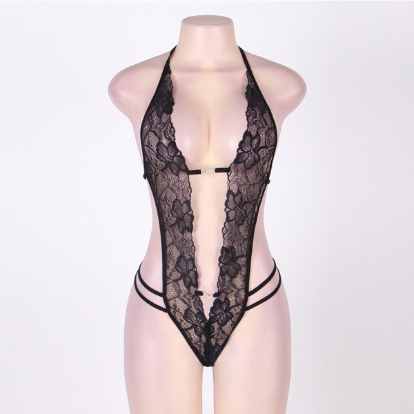 Crotchless Lace Teddy With Rhinestone Detail