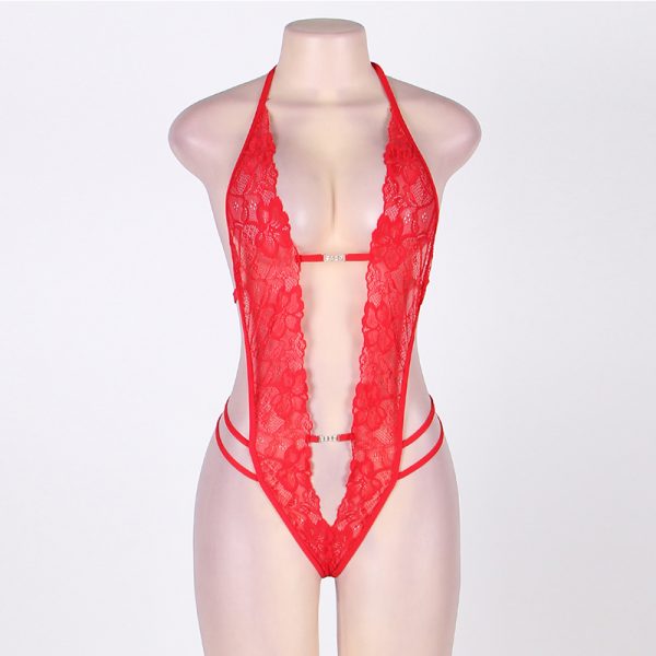 Crotchless Red Lace Teddy With Rhinestone