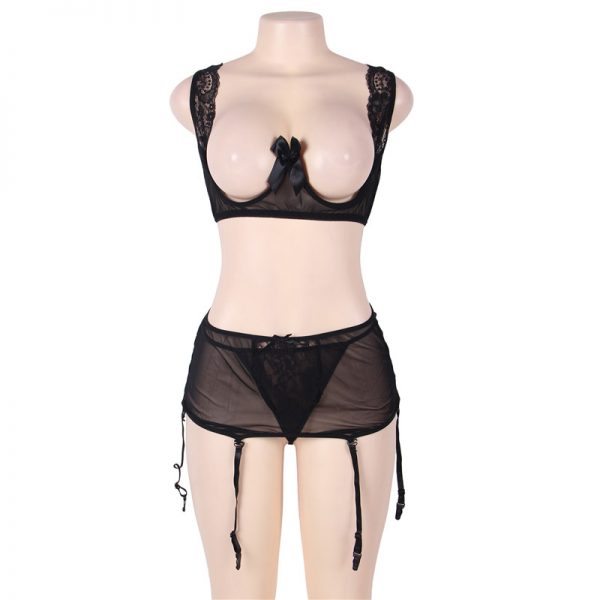 Black Mesh Underwire Peep Bra and Lace Garter Belt