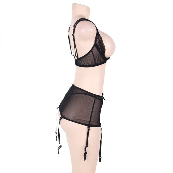 Black Mesh Underwire Peep Bra and Lace Garter Belt - Image 2