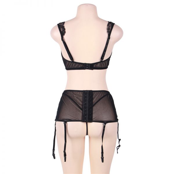 Black Mesh Underwire Peep Bra and Lace Garter Belt - Image 4
