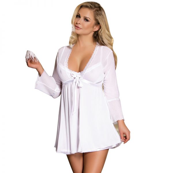White Mesh Bell Sleeve Robe And Babydoll Set - Image 3