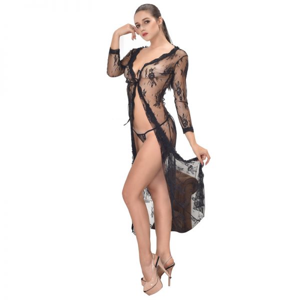 Black Delicate Lace Long Sleepwear Gown - Image 3