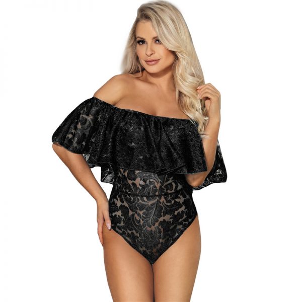 Black Lace Ruffle Off Shoulder Teddy