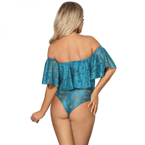 Dark Green Lace Ruffle Off Shoulder Teddy - Image 3