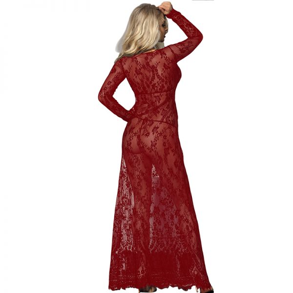 Wine Red Delicate Lace Long Sleepwear Gown - Image 3