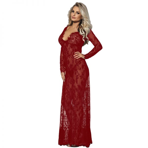Wine Red Delicate Lace Long Sleepwear Gown - Image 2