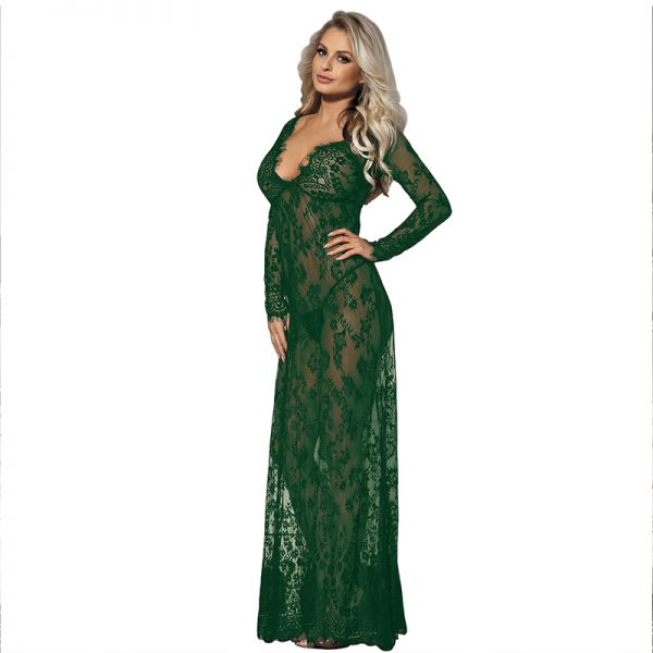 Green Delicate Lace Long Sleepwear Gown - Image 2
