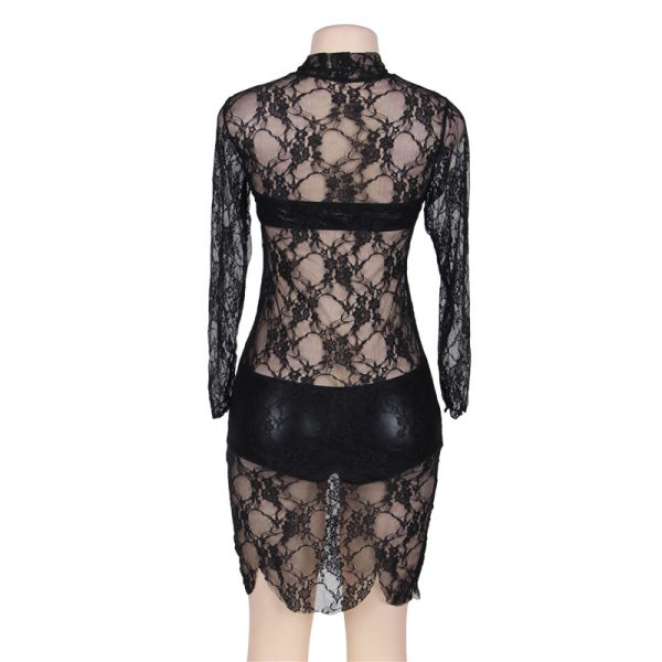 High Neck Black Lace Long Sleeve Lingerie Set - Image 3