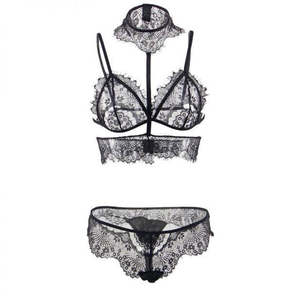 Seductive Strappy Choker Black Lace Bra Set - Image 2