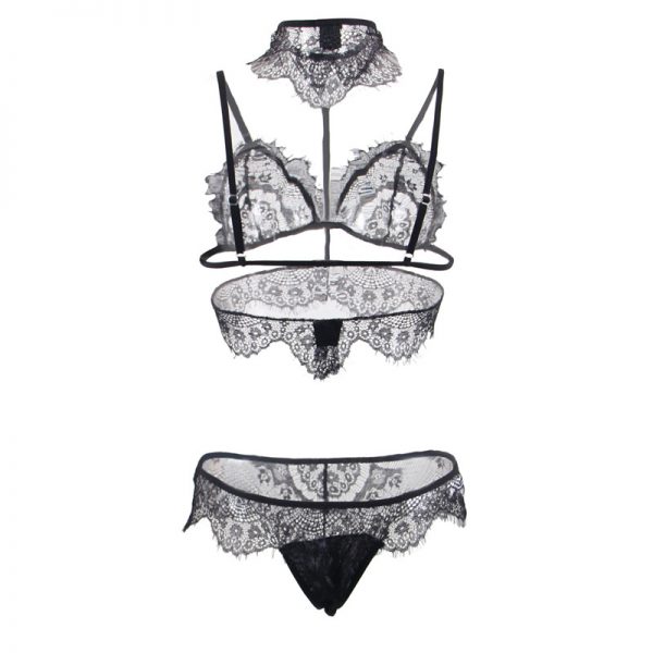 Seductive Strappy Choker Black Lace Bra Set