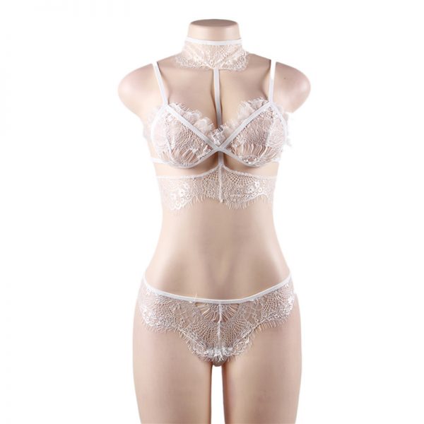Seductive Strappy Choker White Lace Bra Set