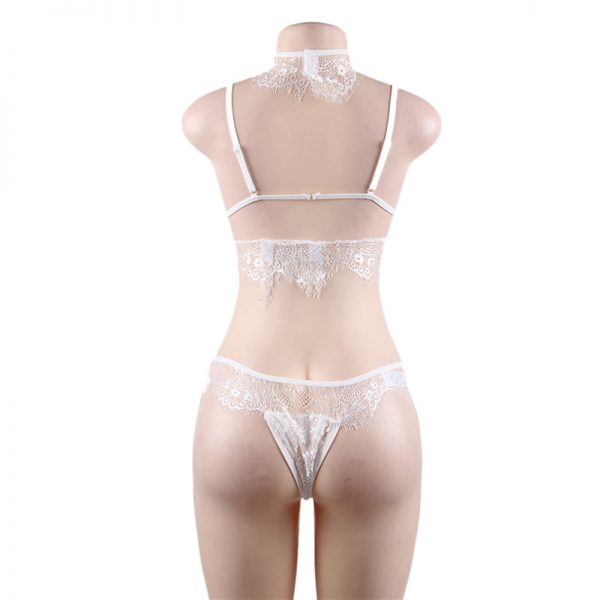Seductive Strappy Choker White Lace Bra Set - Image 2