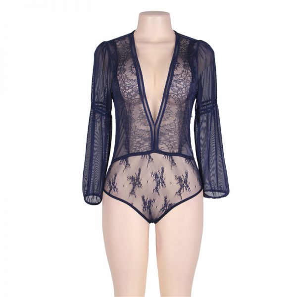 Exquisite Blue Lace Long Sleeve Teddy - Image 5