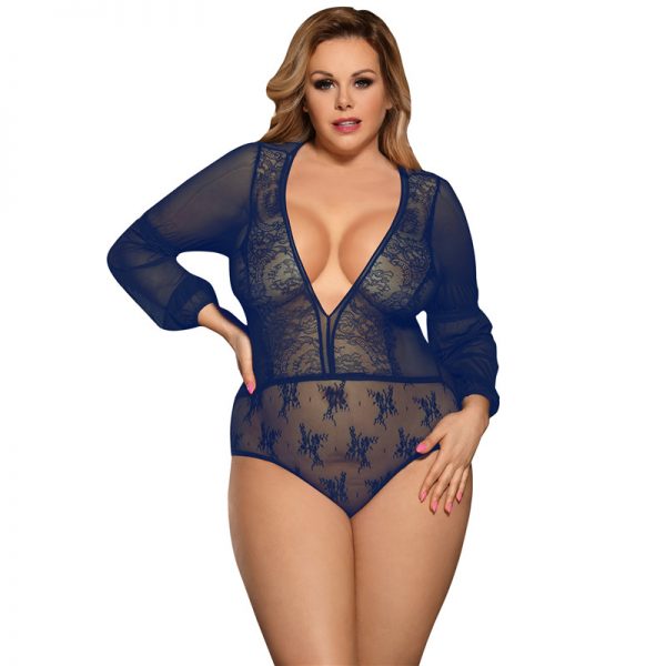 Exquisite Blue Lace Long Sleeve Teddy