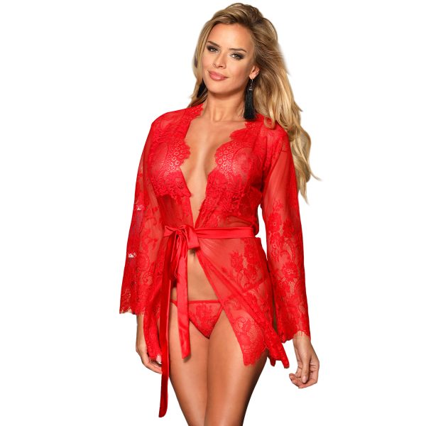Red Eyelash Lace Sleepwear Gown With Thong