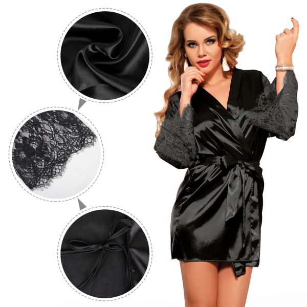 Black Silk Satin Lace Sexy Women Kimono Home Pajamas - Image 2