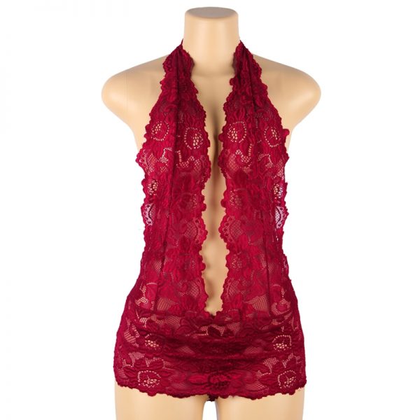 Red Lace Plunging Chemise Dress