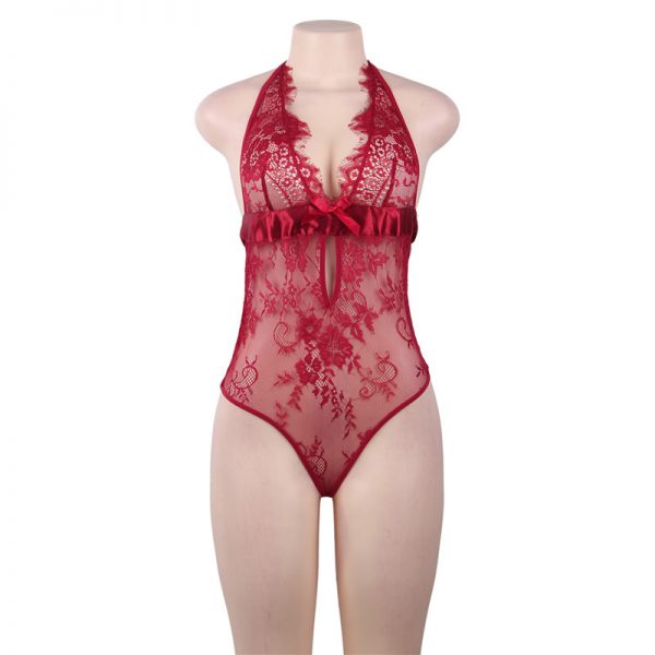 Red Deep V Backless Exquisite Lace Teddy