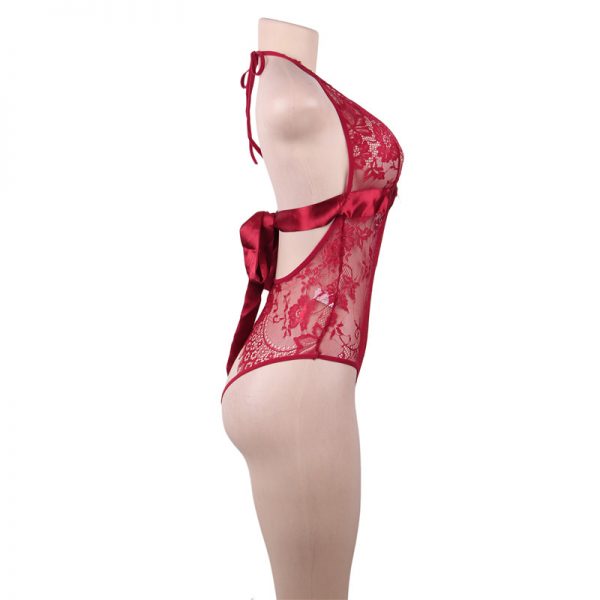 Red Deep V Backless Exquisite Lace Teddy - Image 2