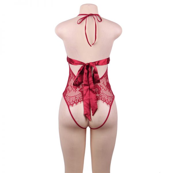 Red Deep V Backless Exquisite Lace Teddy - Image 3