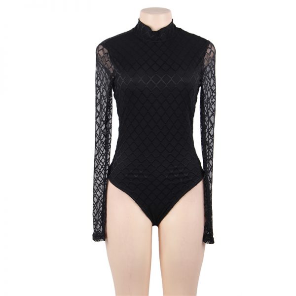 Crotch Open Black Lace Wind Button Mature Transparent Sexy Bodysuit