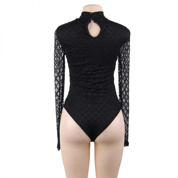 Crotch Open Black Lace Wind Button Mature Transparent Sexy Bodysuit - Image 2