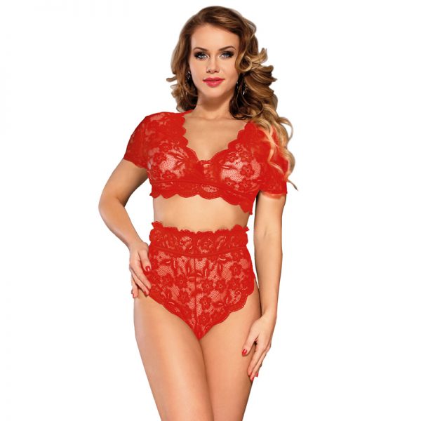 Naughty Sexy Girls High Waist Red Full Lace Bra Panty Underwear