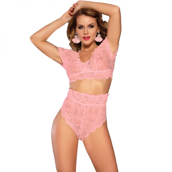 Naughty Sexy Girls High Waist Pink Full Lace Bra Panty Underwear
