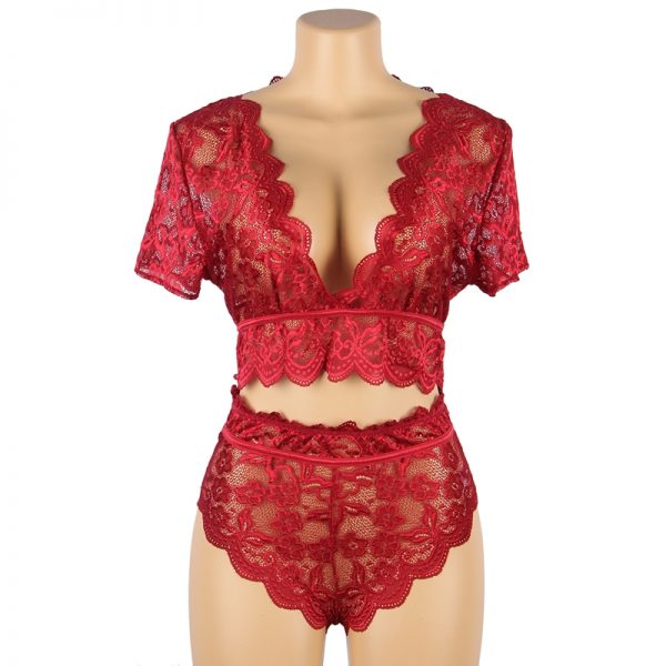 Naughty Sexy Girls High Waist Dark Red Full Lace Bra Panty Underwear