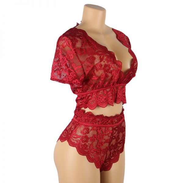 Naughty Sexy Girls High Waist Dark Red Full Lace Bra Panty Underwear - Image 3