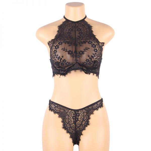 Floral Black Eyelash Lace Lingerie Bra Set