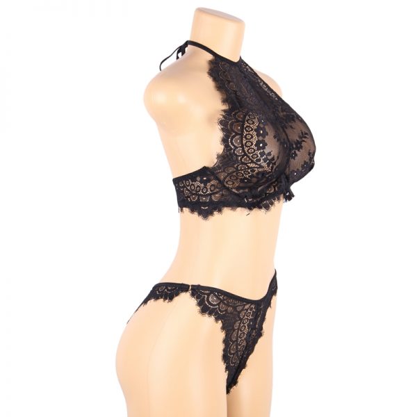 Floral Black Eyelash Lace Lingerie Bra Set - Image 4