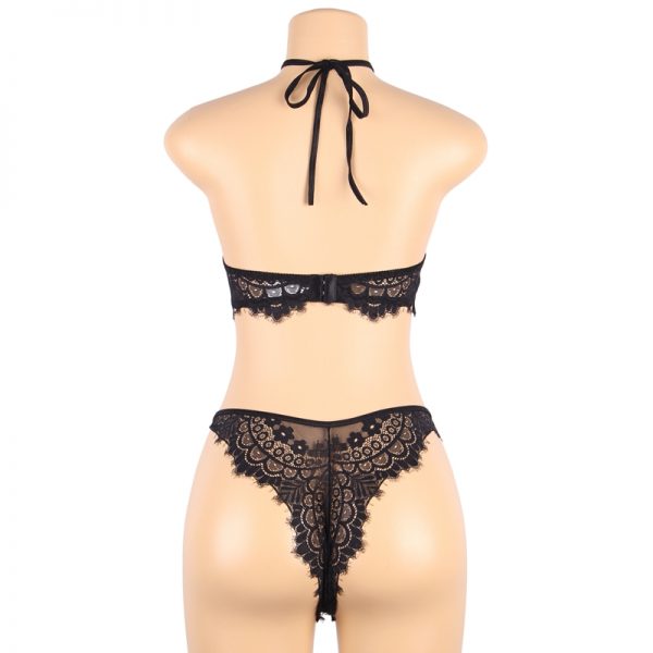 Floral Black Eyelash Lace Lingerie Bra Set - Image 2
