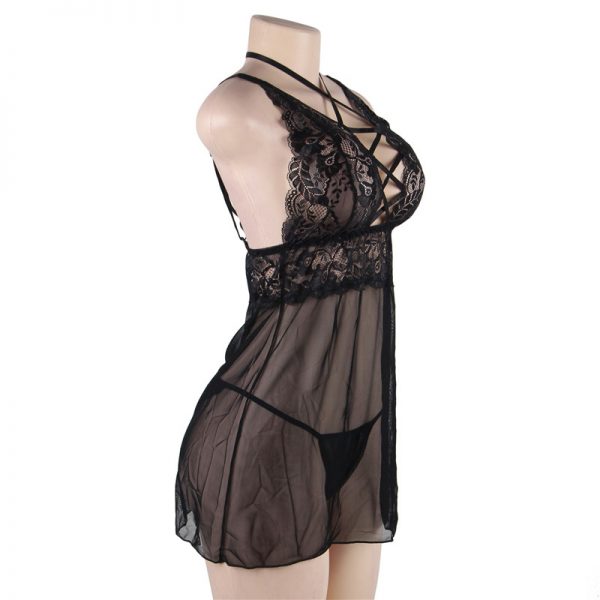 Elegant Black Lace straps Backless Babydoll Set - Image 2