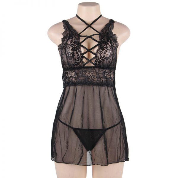 Elegant Black Lace straps Backless Babydoll Set