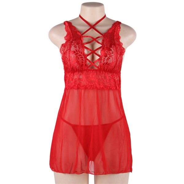 Elegant Red Lace Straps Backless Babydoll Set