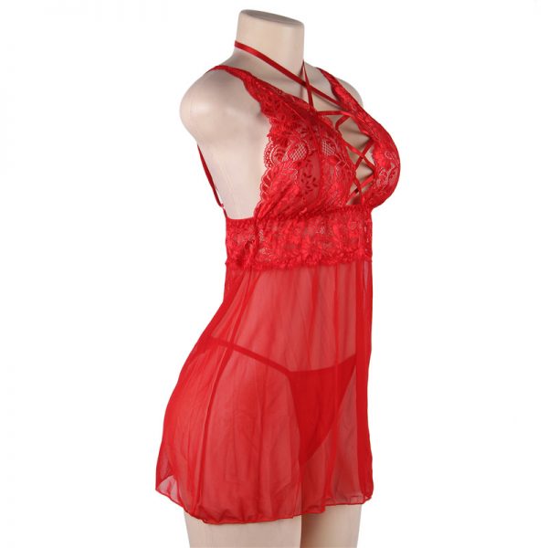 Elegant Red Lace Straps Backless Babydoll Set - Image 2