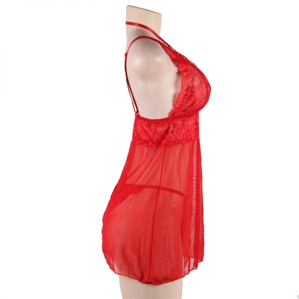 Elegant Red Lace Straps Backless Babydoll Set - Image 3
