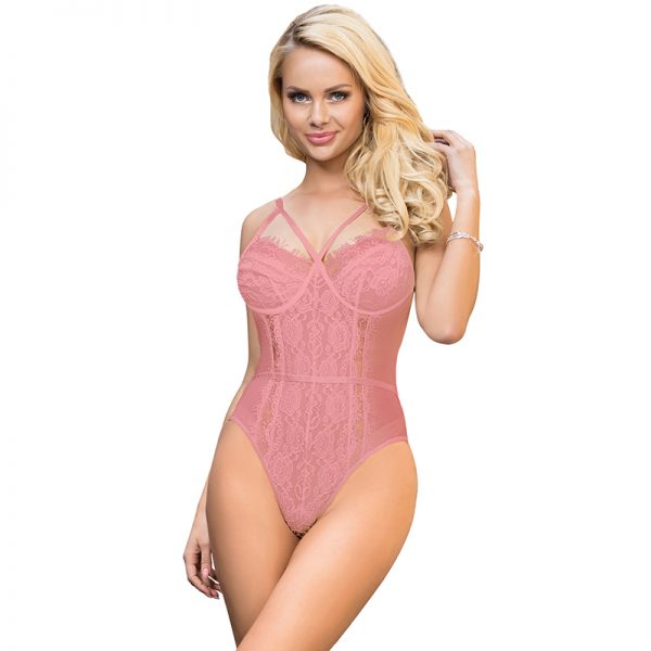 Pink Red Lace High Quality Eyelash Lace Splice Sexy Bodysuit - Image 2