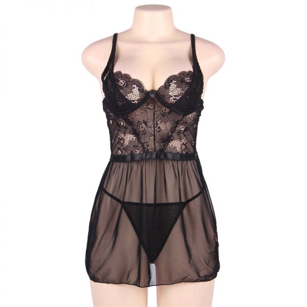 Elegant Black Lace Straps Backless Babydoll Set With Steel Ring