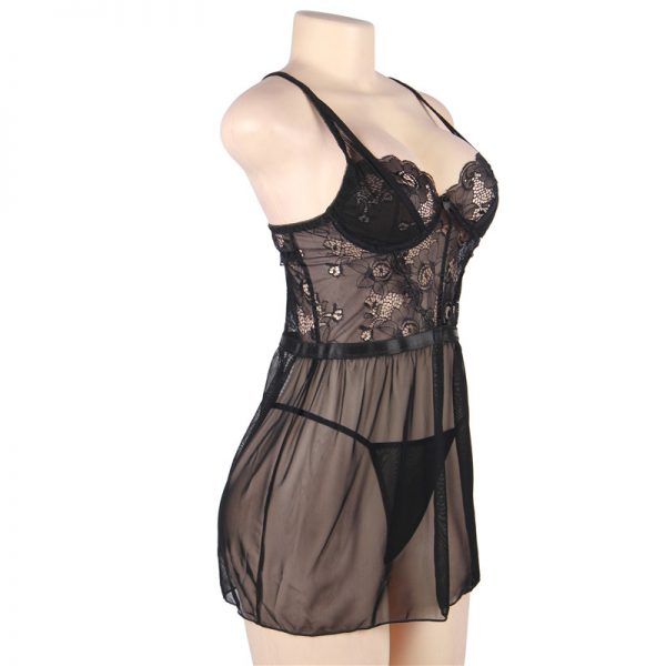 Elegant Black Lace Straps Backless Babydoll Set With Steel Ring - Image 2