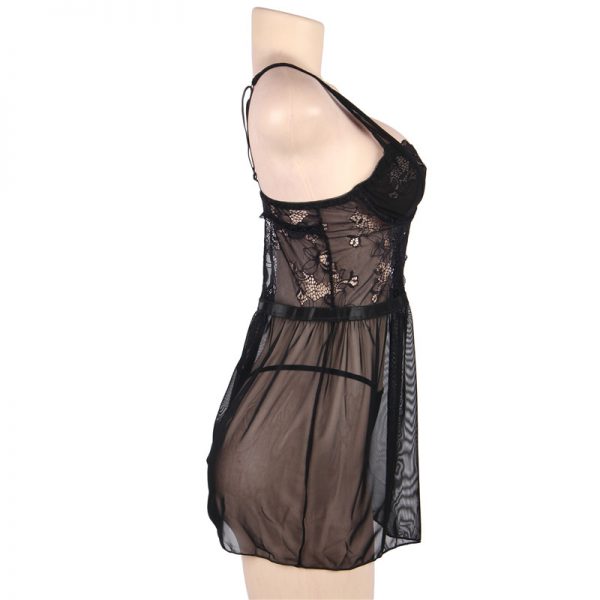Elegant Black Lace Straps Backless Babydoll Set With Steel Ring - Image 3