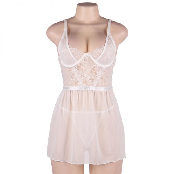 Elegant White Lace Straps Backless Babydoll Set With Steel Ring