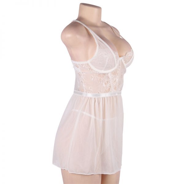 Elegant White Lace Straps Backless Babydoll Set With Steel Ring - Image 3