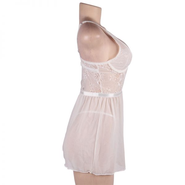 Elegant White Lace Straps Backless Babydoll Set With Steel Ring - Image 2